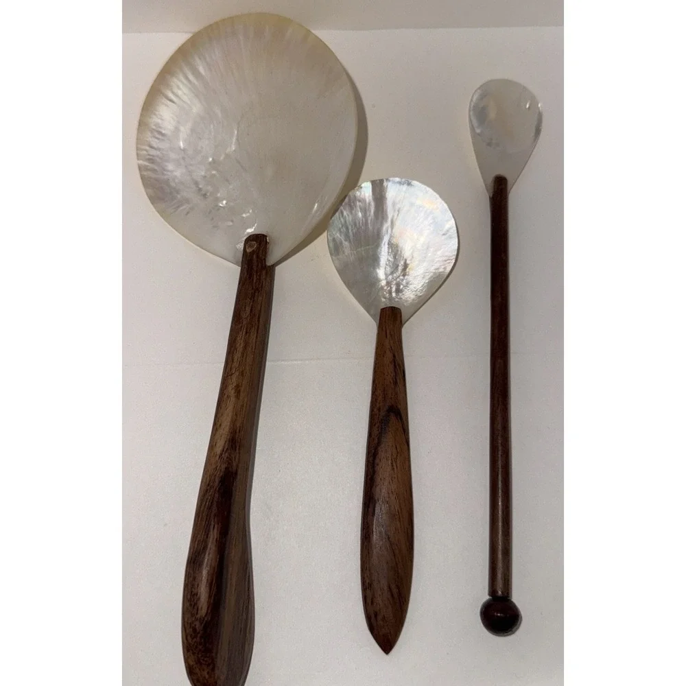 3 Vtg Mother of Pearl Spoons w/ Coconut Wood Handle For Jam Cream Caviar #1619
